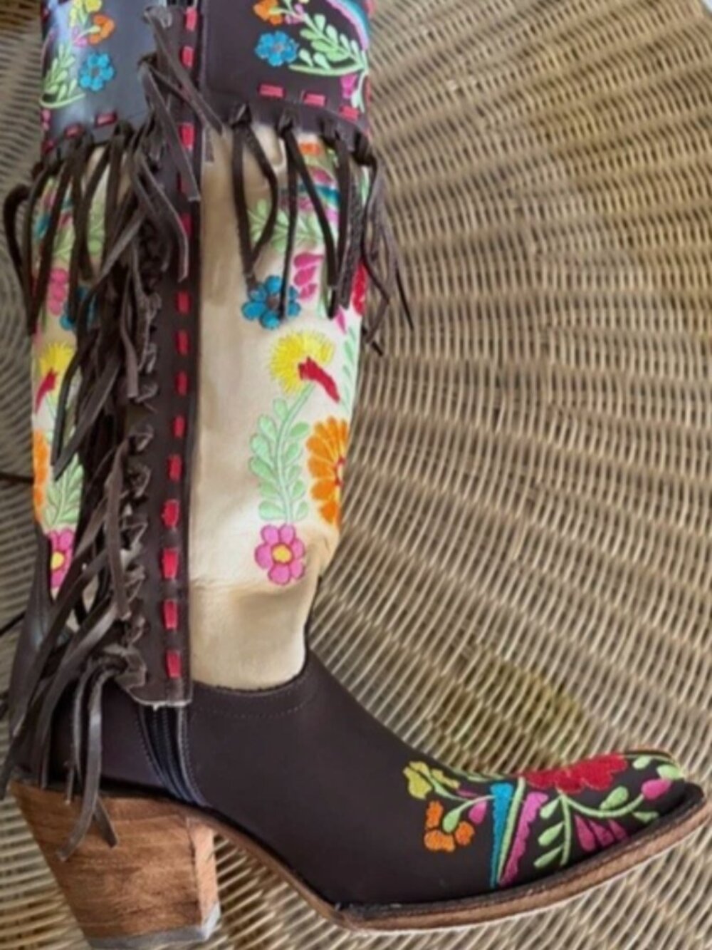 New Rodeo Quincy ROSITA embroidered flowers and fringe leather boot boots 9.5 - Picture 2 of 10